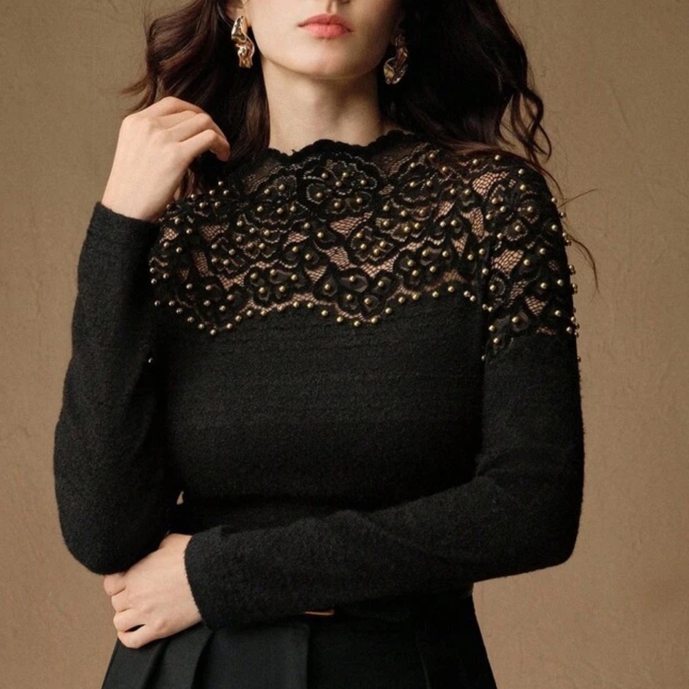 Black Lace Top with Pearl Accents